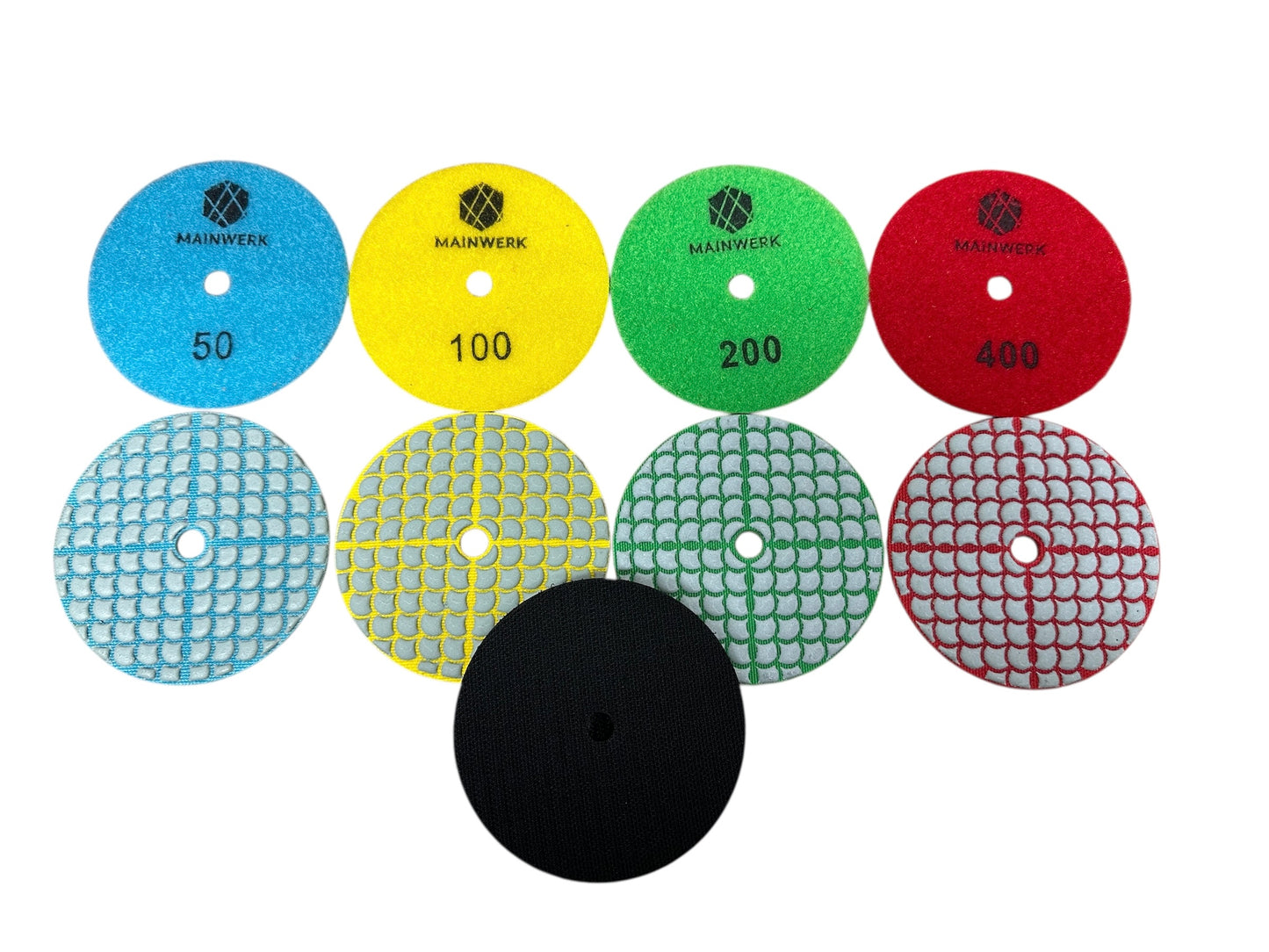 MAINWERK Diamant-Polierpad Set 100mm – 50 / 100 / 200 / 400 Körnung inkl. Klettaufnahmeteller